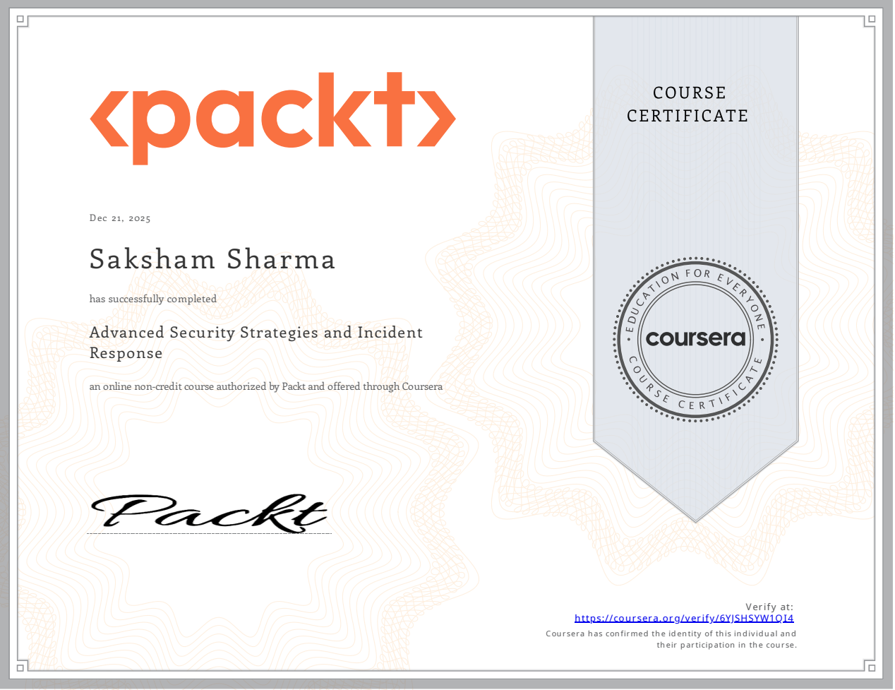 Certificate: Advanced Security Strategies & Incident Response