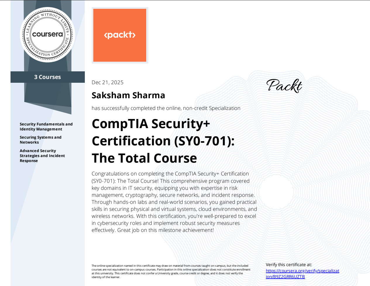 Certificate: CompTIA Security+