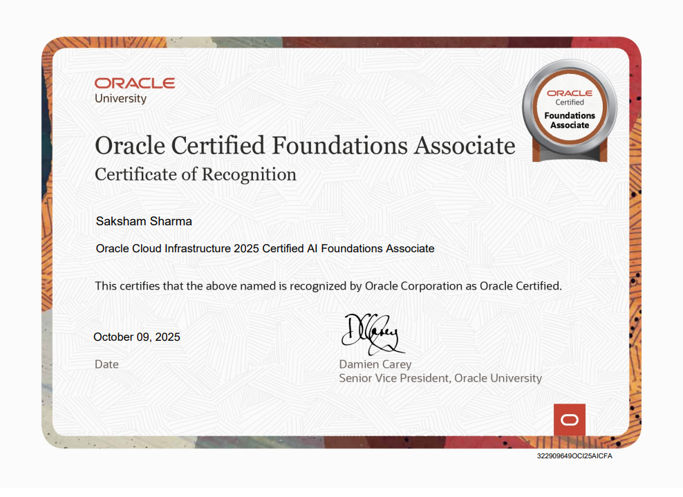 Certificate: Oracle AI Foundations Associate